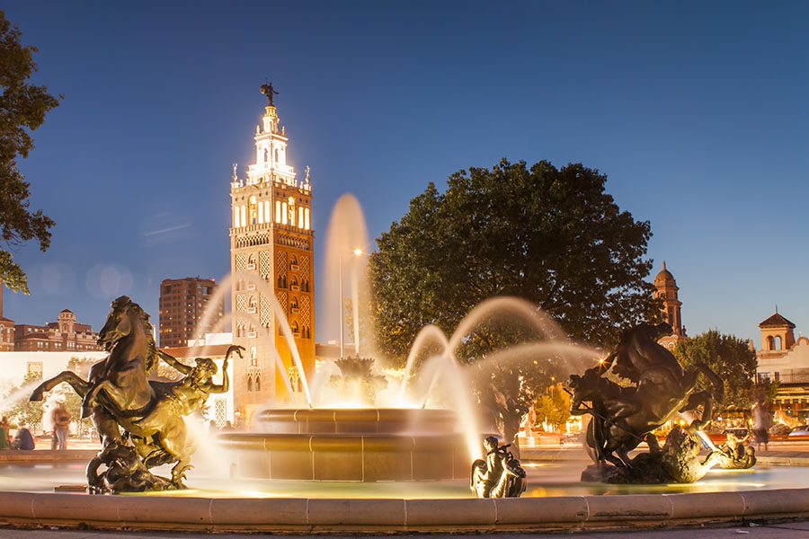 Kansas City, MO Insurance - Fountain Lit Up At Dusk
